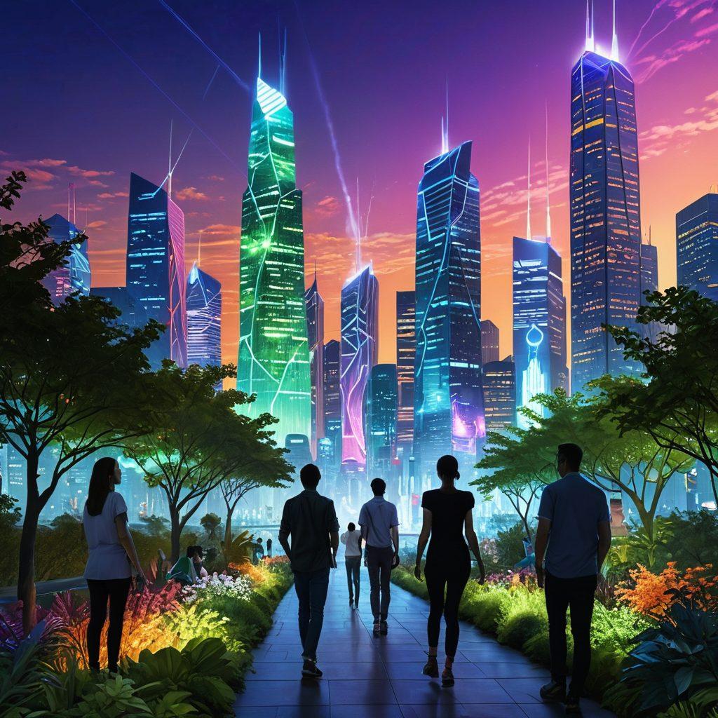 A futuristic landscape showcasing people from diverse cultures connecting via glowing wireless signals, with vibrant digital connections extending across different borders. In the background, a modern city skyline and lush nature symbolize harmony between technology and nature. Radiant colors and dynamic lines emphasize the fluidity of digital communication. super-realistic. vibrant colors.