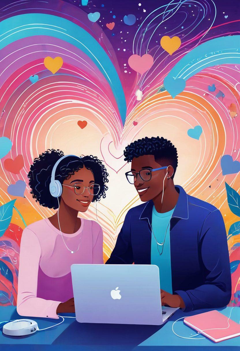 A whimsical illustration of two people on a video call over a laptop, with hearts and wifi signals swirling around them. In the background, a digital landscape filled with circuit patterns and colorful connection lines depicts high-speed internet. Their expressions convey warmth and affection, showing the blend of technology and romance. Soft pastel colors dominate the scene, creating a dreamy atmosphere. vector art. vibrant colors.