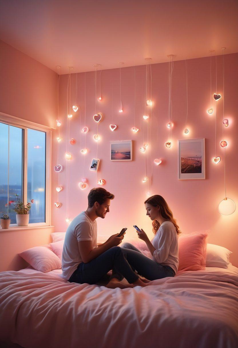 A warm and inviting scene depicting a couple video chatting via their smartphones, surrounded by a digital aura of hearts and signals in the air, symbolizing love and connection through technology. Background features soft glowing lights representing wireless signals and icons of love. The colors should be pastel and calming, evoking feelings of intimacy and warmth. super-realistic. vibrant colors. cozy atmosphere.